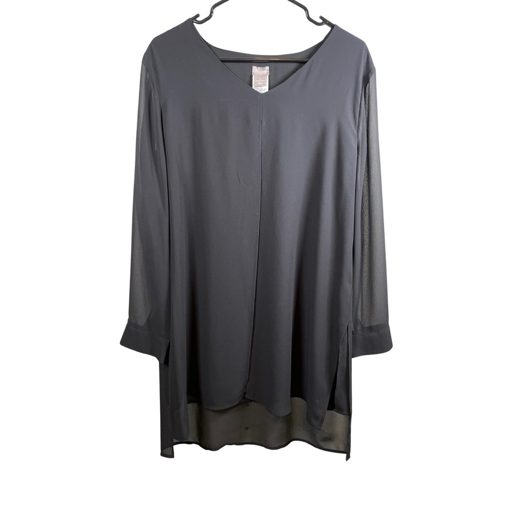 Chico's Tunic Blouse Dress Sz 2‎ Large 12 Black V-Neck Sheer Long Sleeve Layered